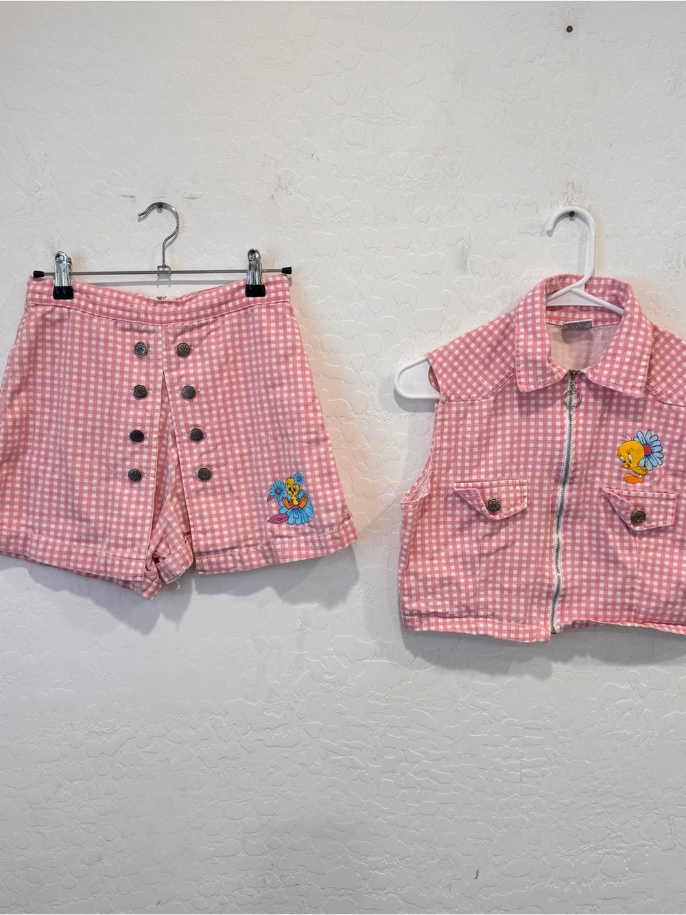 Vintage Looney Tunes Pink Gingham Tweety Vest & Button-Front Shorts Set Girls 14